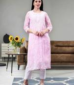 hand embroidered pink georgette lucknowi chikan kurta with slip