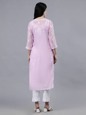 hand embroidered pink georgette lucknowi chikan kurta with slip 2