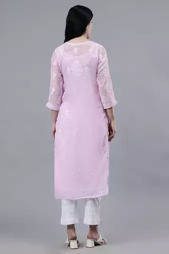 hand embroidered pink georgette lucknowi chikan kurta with slip