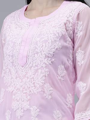 hand embroidered pink georgette lucknowi chikan kurta with slip 3