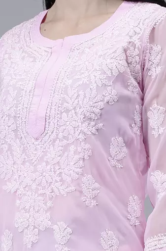 hand embroidered pink georgette lucknowi chikan kurta with slip