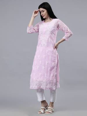 hand embroidered pink georgette lucknowi chikan kurta with slip 4