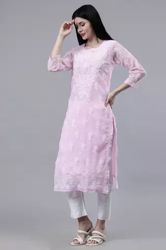 hand embroidered pink georgette lucknowi chikan kurta with slip