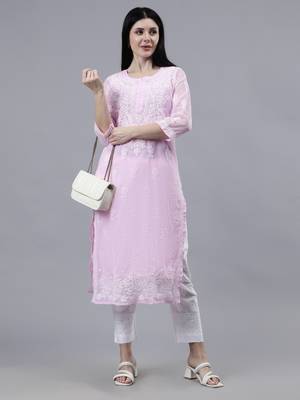 hand embroidered pink georgette lucknowi chikan kurta with slip 5