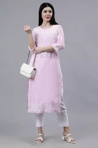 hand embroidered pink georgette lucknowi chikan kurta with slip
