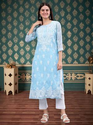 Seva chikan hand embroidered blue georgette lucknowi chikan kurta with slip 1