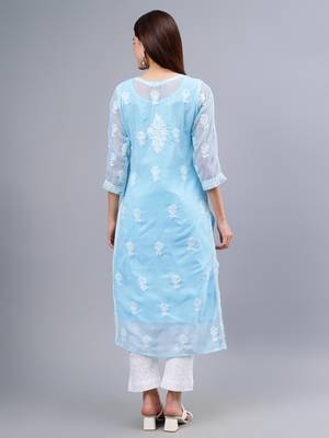 Seva chikan hand embroidered blue georgette lucknowi chikan kurta with slip 2