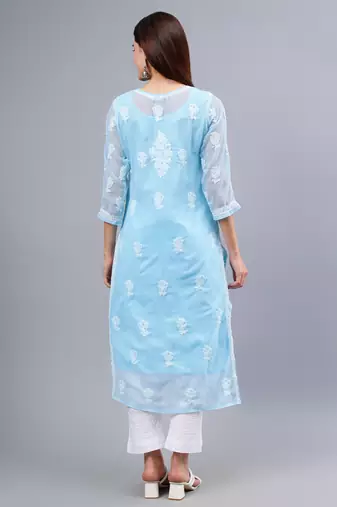 Seva chikan hand embroidered blue georgette lucknowi chikan kurta with slip