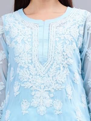 Seva chikan hand embroidered blue georgette lucknowi chikan kurta with slip 3