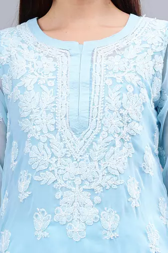 Seva chikan hand embroidered blue georgette lucknowi chikan kurta with slip