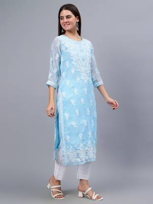 Seva chikan hand embroidered blue georgette lucknowi chikan kurta with slip 4