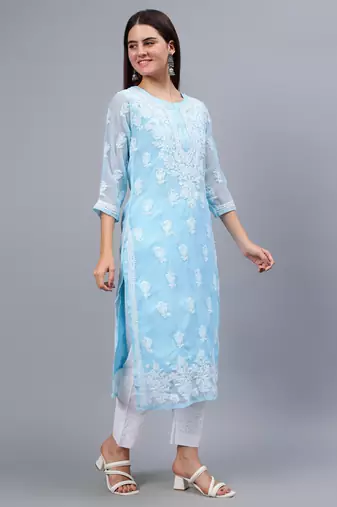 Seva chikan hand embroidered blue georgette lucknowi chikan kurta with slip