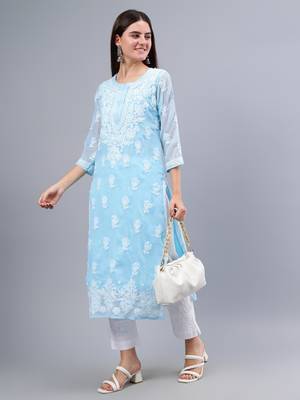 Seva chikan hand embroidered blue georgette lucknowi chikan kurta with slip 5