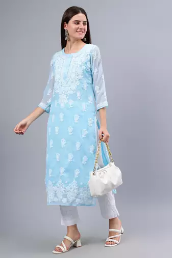 Seva chikan hand embroidered blue georgette lucknowi chikan kurta with slip