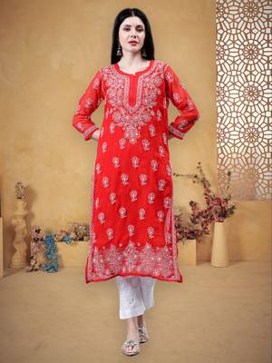 hand embroidered red georgette lucknowi chikan kurta with slip 1