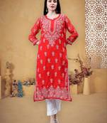 hand embroidered red georgette lucknowi chikan kurta with slip