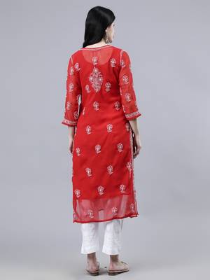 hand embroidered red georgette lucknowi chikan kurta with slip 2