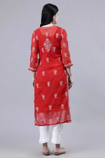 hand embroidered red georgette lucknowi chikan kurta with slip