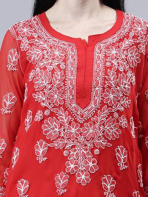 hand embroidered red georgette lucknowi chikan kurta with slip 3