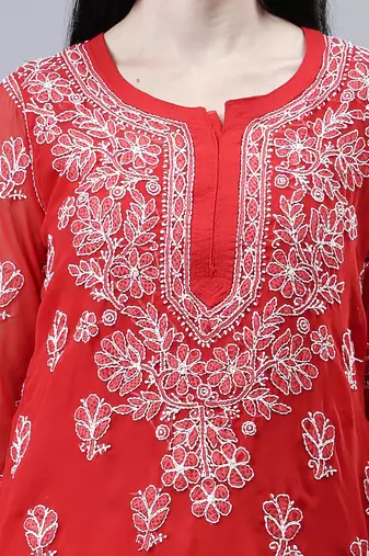 hand embroidered red georgette lucknowi chikan kurta with slip