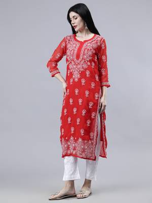 hand embroidered red georgette lucknowi chikan kurta with slip 4