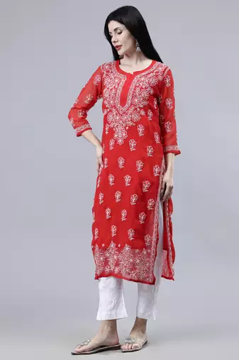 hand embroidered red georgette lucknowi chikan kurta with slip