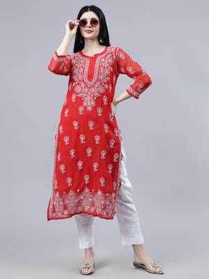 hand embroidered red georgette lucknowi chikan kurta with slip 5