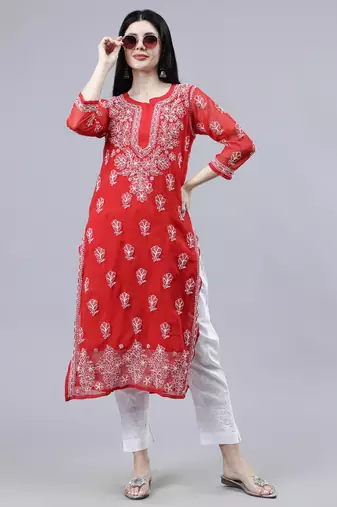 hand embroidered red georgette lucknowi chikan kurta with slip