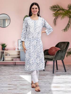 hand embroidered grey mal-mal lucknowi chikan kurta 1