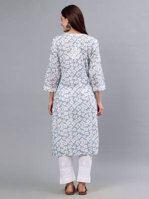 hand embroidered grey mal-mal lucknowi chikan kurta 2