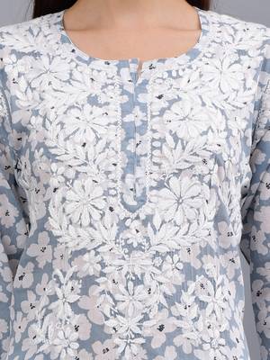 hand embroidered grey mal-mal lucknowi chikan kurta 3