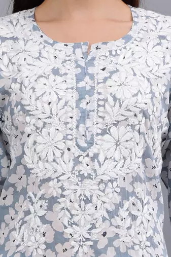 hand embroidered grey mal-mal lucknowi chikan kurta
