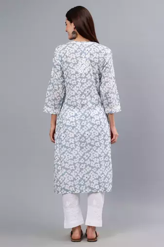 hand embroidered grey mal-mal lucknowi chikan kurta