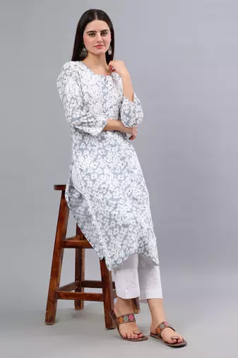 hand embroidered grey mal-mal lucknowi chikan kurta