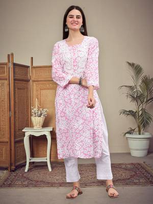 hand embroidered pink mal-mal lucknowi chikan kurta 1
