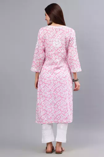 hand embroidered pink mal-mal lucknowi chikan kurta