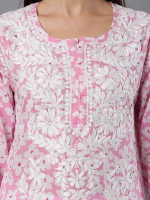 hand embroidered pink mal-mal lucknowi chikan kurta 3