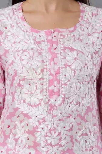 hand embroidered pink mal-mal lucknowi chikan kurta