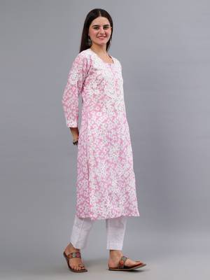 hand embroidered pink mal-mal lucknowi chikan kurta 4