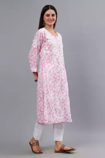 hand embroidered pink mal-mal lucknowi chikan kurta