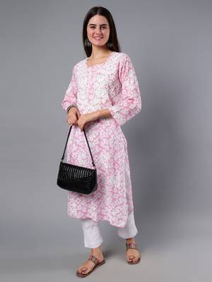 hand embroidered pink mal-mal lucknowi chikan kurta 5