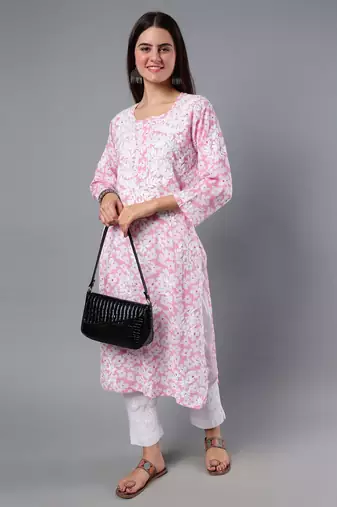 hand embroidered pink mal-mal lucknowi chikan kurta