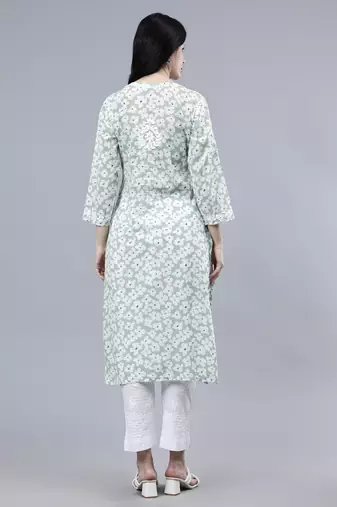 hand embroidered green mal-mal lucknowi chikan kurta