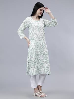 hand embroidered green mal-mal lucknowi chikan kurta 3