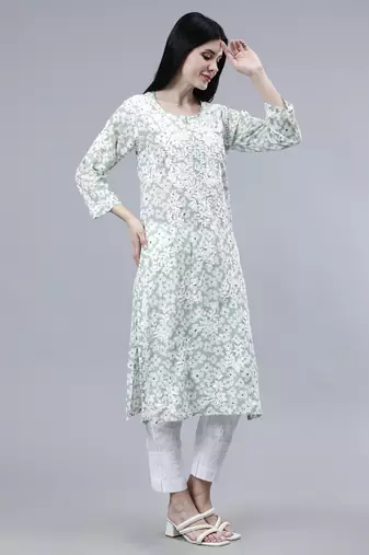 hand embroidered green mal-mal lucknowi chikan kurta