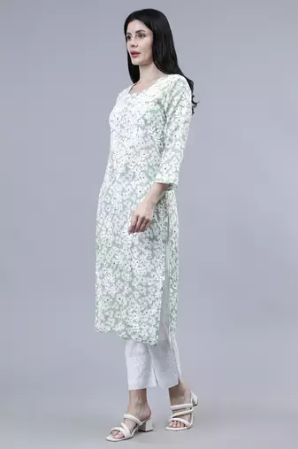 hand embroidered green mal-mal lucknowi chikan kurta