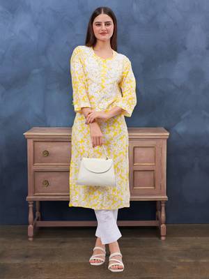 hand embroidered yellow mal-mal lucknowi chikan kurta 1
