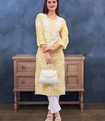 hand embroidered yellow mal-mal lucknowi chikan kurta
