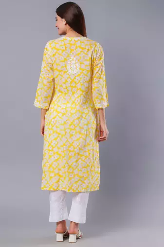 hand embroidered yellow mal-mal lucknowi chikan kurta