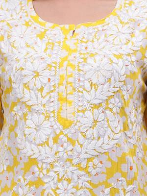 hand embroidered yellow mal-mal lucknowi chikan kurta 3